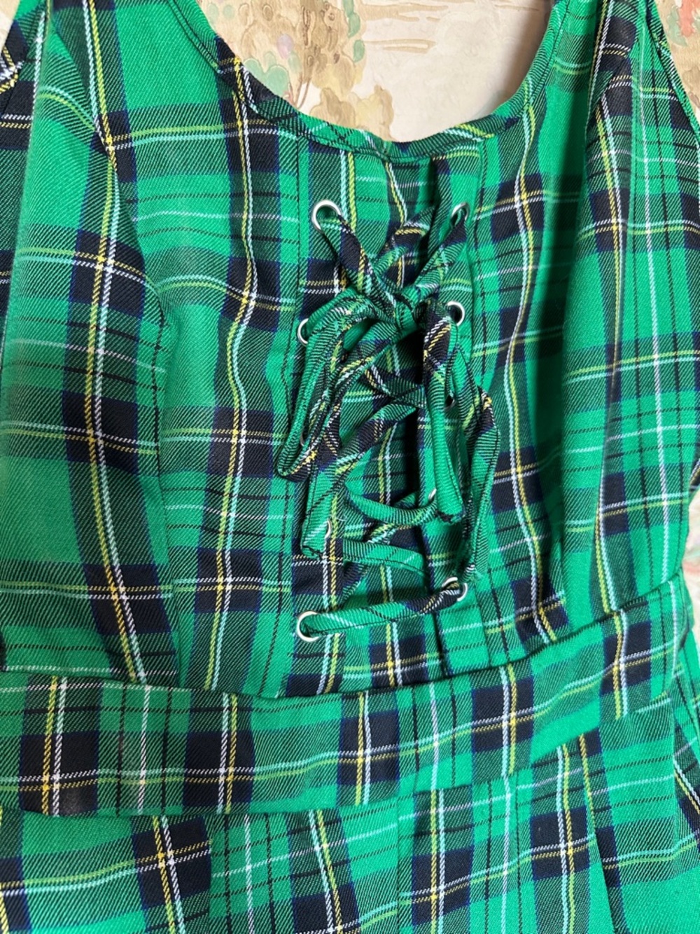 Hot Topic green lace up tartan dress with pockets - Picture 2 of 7